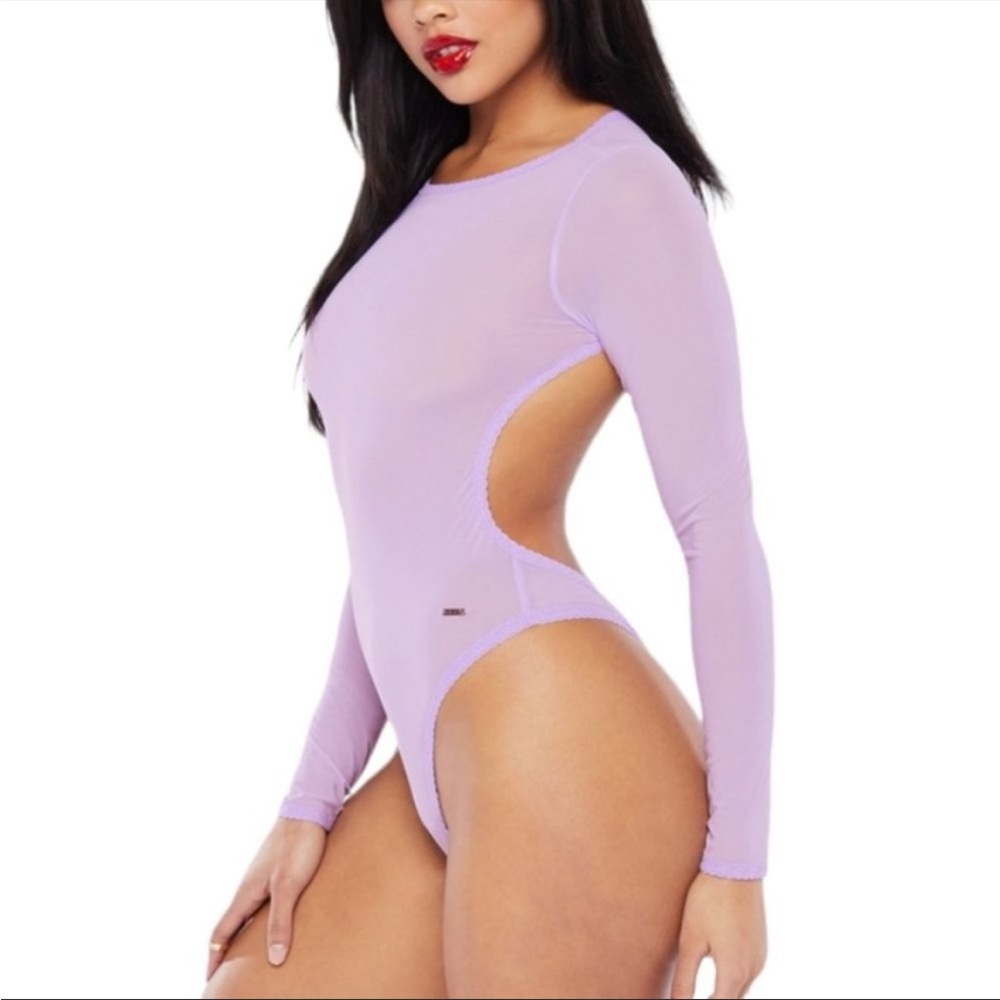 Savage X Fenty Purple Lavender Sheer Mesh Long Sleeve Open Back Teddy Bodysuit